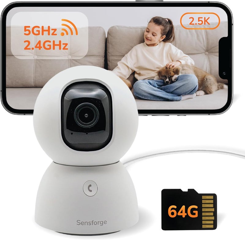 Sensforge 2.5K Indoor Pan-Tilt Dome Security Camera, AI Human & Pet Detection, 360° Coverage, Two-Way Audio, Dual-Band Wi-Fi (2.4G/5G), 64GB SD Card Included, No Monthly Fees - Image 1